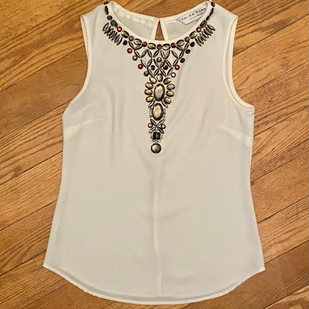 Trina Turk White Tank Blouse with Gem Beading Size Small